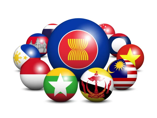 ASEAN. Associazione delle Nazioni del Sud-Est asiatico. Sfere circolari 3D e design delle bandiere dei membri. Sfondo bianco isolato. Vettore  . — Vettoriale Stock
