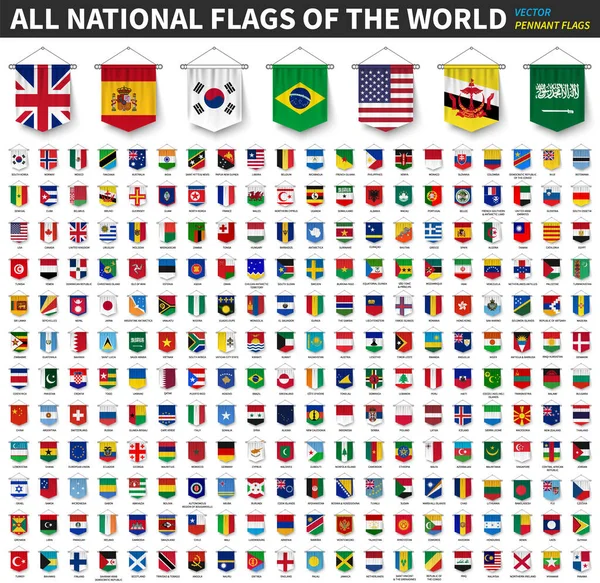 All national flags of the world . 3D realistic pennant hanging design . White isolated background . Vector . — Stock Vector