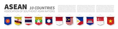 Asean. Güneydoğu Asya Ülkeleri Birliği . ve üyelik bayrakları . 3d gerçekçi pennant asılı tasarım . Beyaz izole arka plan ve güney doğu asya haritası . Vektör .
