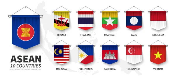 ASEAN. Asociación de Naciones del Sudeste Asiático. y banderas de membresía. Diseño colgante banderín realista 3D. Fondo blanco aislado y mapa del sudeste asiático. Vector  . — Vector de stock