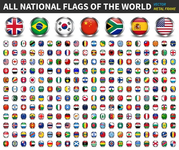 A világ minden nemzeti zászlói. Kör alakú fémváz szikrázik designnal. Fehér izolált háttér. Elemvektor . — Stock Vector