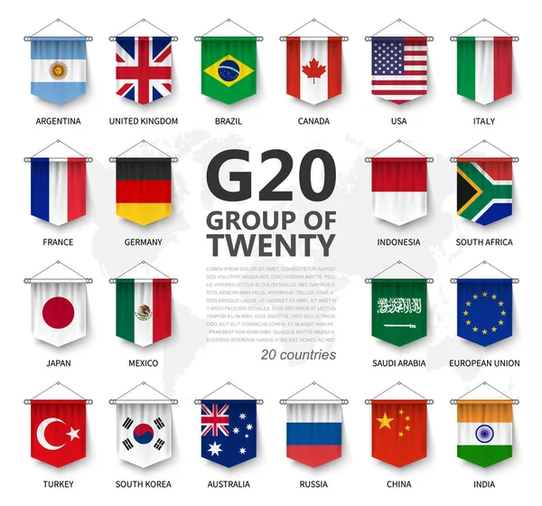 G20. Grupo de 20 países e bandeira de membro. Associação internacional de economia governamental e financeira. 3D design de elemento pendente realista pendente. Fundo isolado branco. Vetor — Vetor de Stock