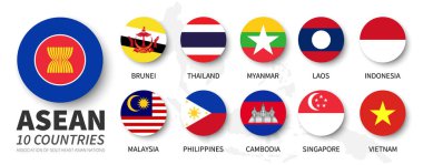 Asean. Güneydoğu Asya Ulusları Birliği. Ve üyelik bayrakları. Düz, basit daire tasarımı. Vektör .
