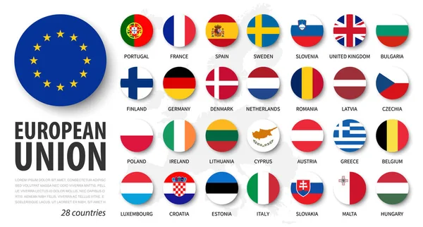 Unione europea. Bandiere dell'UE e dell'adesione. Design dell'elemento a cerchio piatto. Sfondo bianco isolato e mappa dell'Europa. Vettore  . — Vettoriale Stock