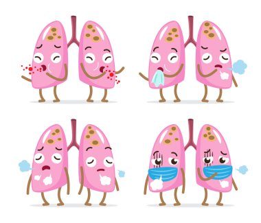 Pulmoner tüberküloz seti. Tüberküloz akciğer çizgi film karakterleri. Mycobacterium tüberküloz bakterisi her iki akciğerinde de enfeksiyon kapmış. İzole edilmiş beyaz arka plan. Vektör .