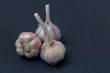 Karanlık bir arka planda taze sarımsak..