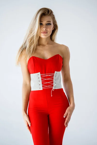 Studio Shot Lovely Blonde Girl Red Casual Costume Standing White — Stock Photo, Image