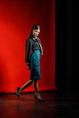 Genç model kırmızı bir arka plan üzerinde rahat kıyafetler içinde stüdyo portre. Siyah gömlek ve mavi etek stüdyoda poz genç kadın 