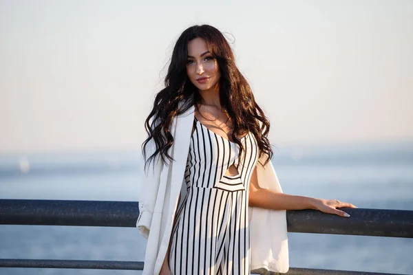 Outdoor Shot Beautiful Young Brunette Woman Striped Black White Dress — Stock Photo, Image