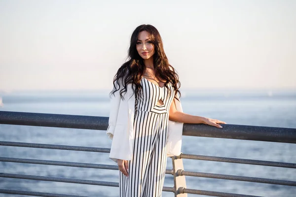 Outdoor Shot Beautiful Young Brunette Woman Striped Black White Dress — Stock Photo, Image