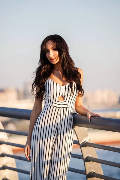 Outdoor Shot Beautiful Young Brunette Woman Striped Black White Dress — Stock Photo, Image