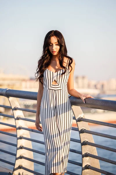 Outdoor Shot Beautiful Young Brunette Woman Striped Black White Dress — Stock Photo, Image