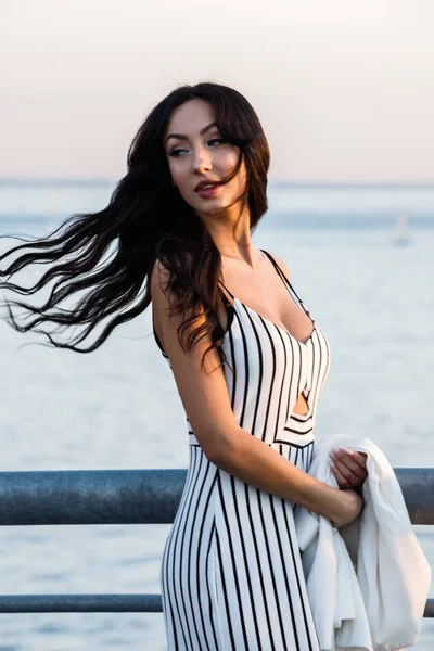 Outdoor Shot Beautiful Young Brunette Woman Striped Black White Dress — Stock Photo, Image