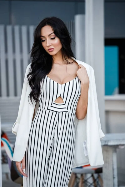 Outdoor Portrait Beautiful Young Brunette Woman Striped Black White Dress — Stock Photo, Image