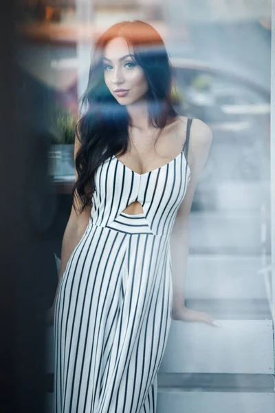 Outdoor Portrait Beautiful Young Brunette Woman Striped Black White Dress — Stock Photo, Image