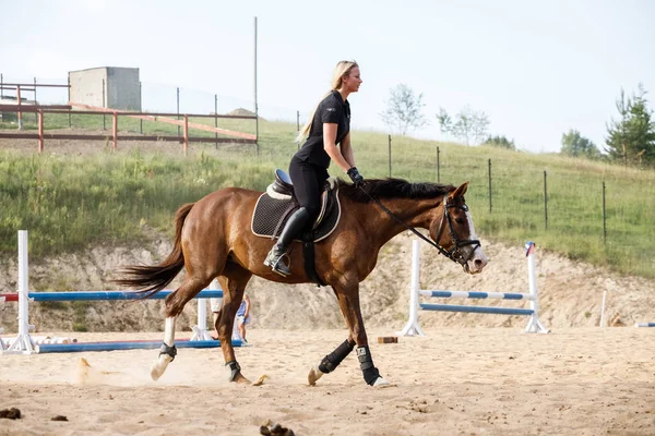 Foto Aire Libre Mujer Rubia Belleza Montar Caballo Durante Día — Foto de Stock