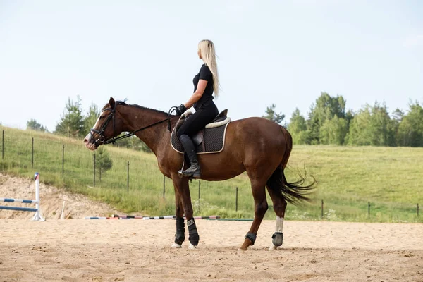 Foto Aire Libre Mujer Rubia Belleza Montar Caballo Durante Día — Foto de Stock