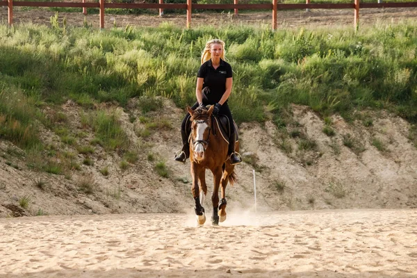 Foto Aire Libre Mujer Rubia Belleza Montar Caballo Durante Día — Foto de Stock