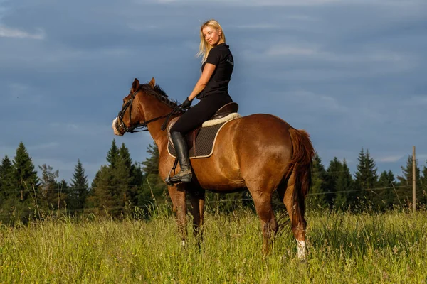 Εξωτερική Βολή Της Ομορφιά Ξανθιά Γυναίκα Ιππασία Άλογο Κατά Διάρκεια — Φωτογραφία Αρχείου