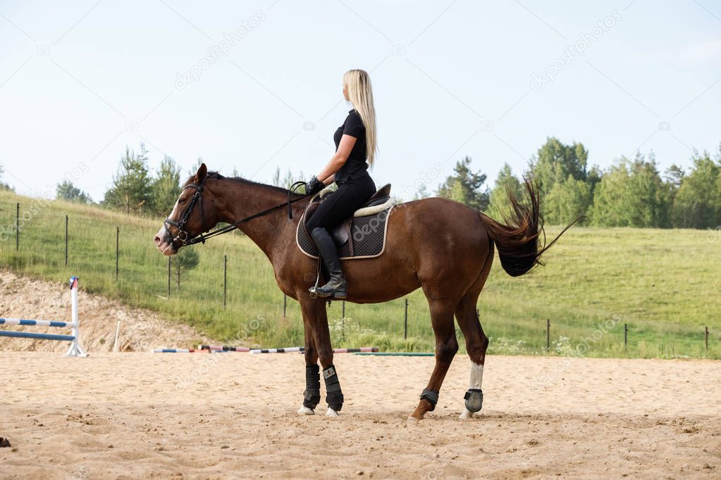 Outdoor shot of beauty blond woman riding horse at daytime. Young woman in sporty clothes enjoying horseback riding at racecourse 