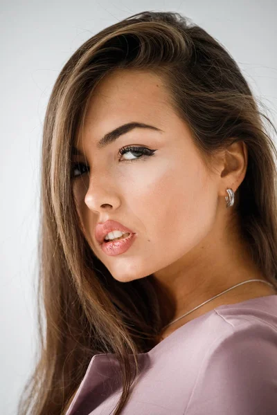 Closeup Portrait Beautiful Brunette Woman Wearing Casual Purple Clothes White — Stock Photo, Image