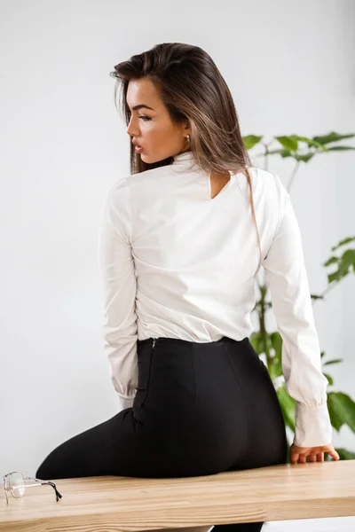 Studio Portrait Young Brunette Woman White Shirt Black Pants Beauty — Stock Photo, Image