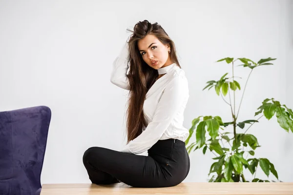 Retrato Estudio Una Joven Morena Con Camisa Blanca Pantalones Negros —  Fotos de Stock