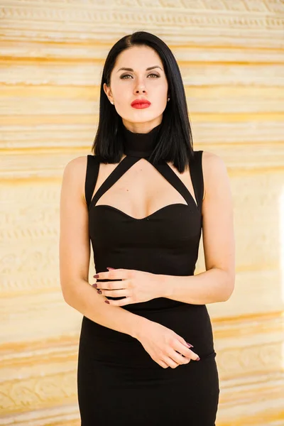 Fashion Studio Shot Beauty Brunette Woman Wearing Black Dress Beautiful — Stock Photo, Image