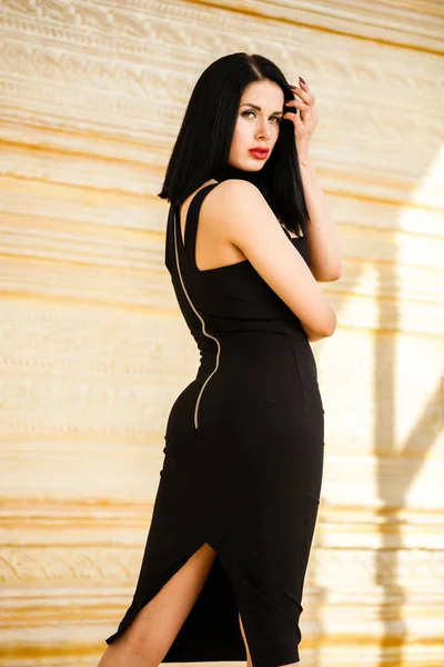 Fashion Studio Shot Beauty Brunette Woman Wearing Black Dress Beautiful — Stock Photo, Image
