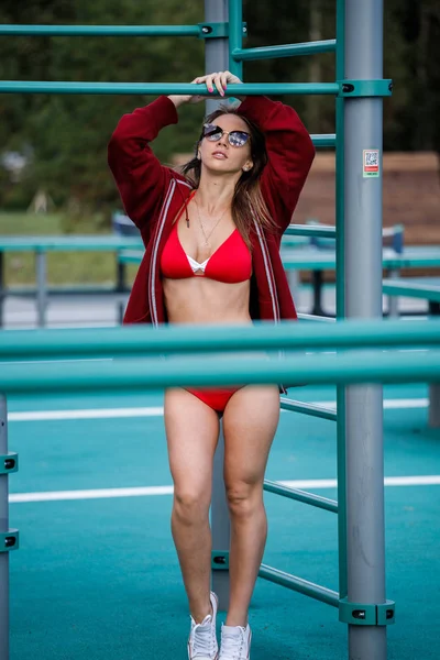 Outdoor Portrait Beautiful Young Woman Wearing Red Swimsuit Red Hoodie — Stock Photo, Image
