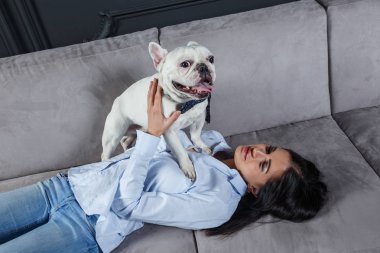 Stüdyo güzel seksi esmer kız lüks iç sevimli köpek ile vurdu