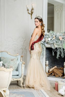 Bej Güzellik esmer modelinde portresi elbise ayakta dekore edilmiş lüks iç 