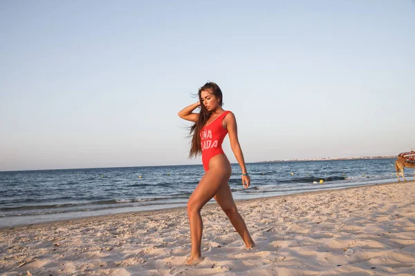 Junge Brünette Frau Rotem Badeanzug Steht Tagsüber Sandstrand — Stockfoto