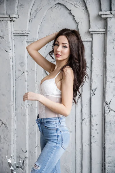 Studio Portrait Beautiful Brunette Woman Wearing White Lingerie Blue Jeans — Stock Photo, Image