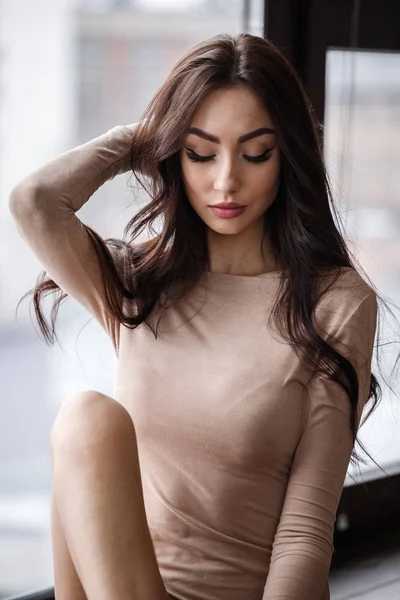 Studio Portrait Beautiful Brunette Woman Wearing Beige Clothes Charming Beauty — Stock Photo, Image