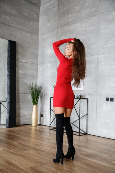 Bella Bruna Sexy Abito Elegante Posa All Interno Appartamenti — Foto Stock