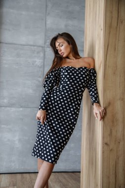 Güzel, seksi esmer, şık elbiseli. Dairelerin içinde poz veriyor.