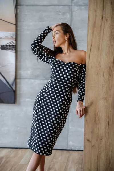 Schöne Sexy Brünette Stilvollem Kleid Posiert Inneren Von Wohnungen — Stockfoto