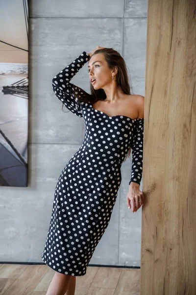 Frumoasă Brunetă Sexy Rochie Elegantă Care Pozează Interiorul Apartamentelor — Fotografie, imagine de stoc