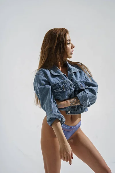 Attractive Long Haired Brunette Blue Lingerie Blue Jeans Jacket Posing — Stock Photo, Image