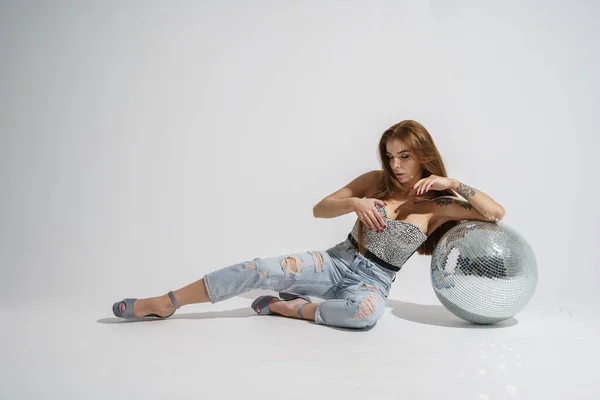 Stylish Brunette Disco Ball Posing Studio Gray Background — Stock Photo, Image