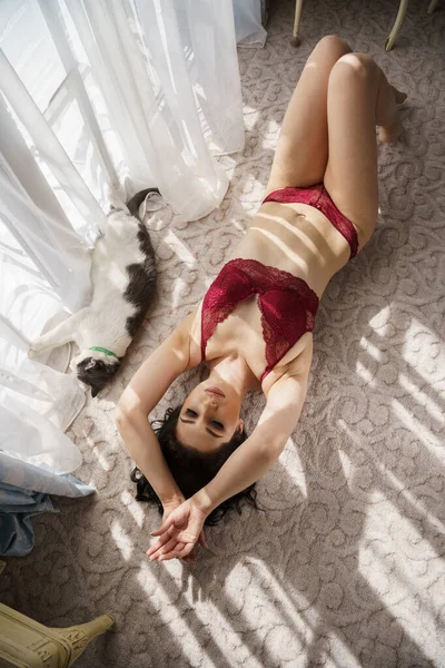 Sexy Brünette Mit Lockigem Haar Spielt Mit Katze Wohnungen Interieur — Stockfoto