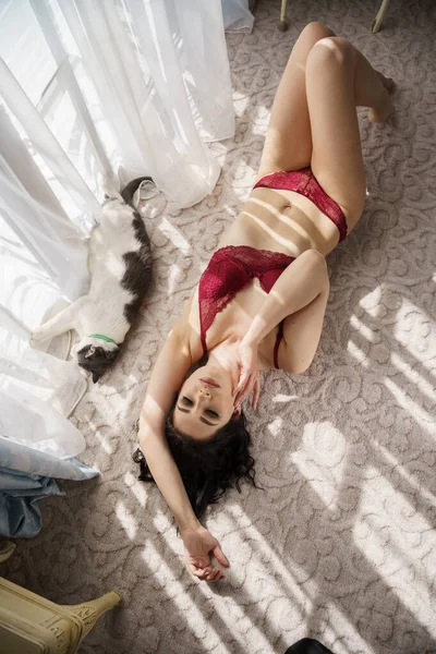 アパートのインテリアで猫と遊んで巻き毛を持つセクシーなブルネット 赤ランジェリーの若いモデルの肖像 — ストック写真