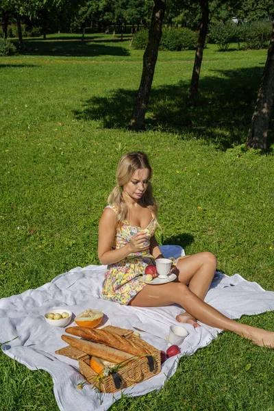 夏服の美しさブロンドの女性の屋外肖像画 緑の公園でピクニックに休んでモデル — ストック写真