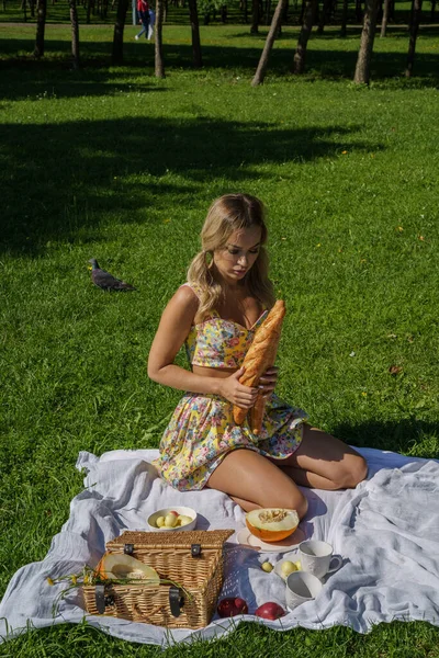 夏服の美しさブロンドの女性の屋外肖像画 緑の公園でピクニックに休んでモデル — ストック写真