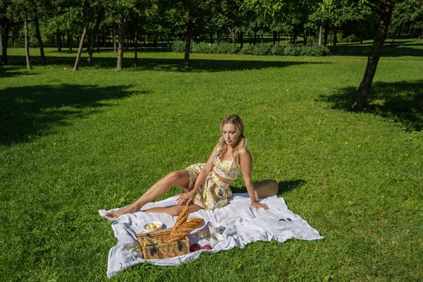 Zewnątrz Portret Pięknej Blondynki Letnich Ciuchach Model Odpoczywający Pikniku Zielonym — Zdjęcie stockowe