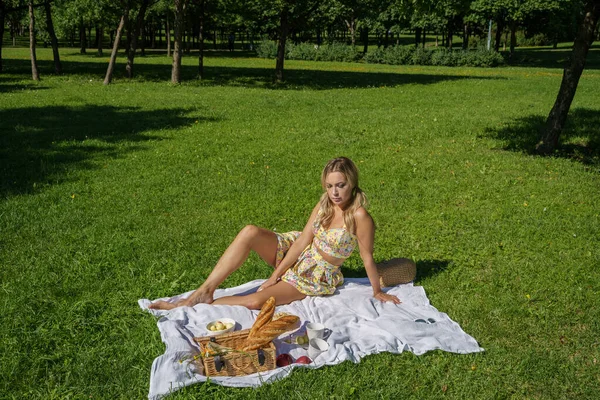 夏服の美しさブロンドの女性の屋外肖像画 緑の公園でピクニックに休んでモデル — ストック写真