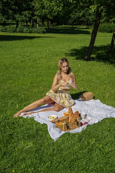 Zewnątrz Portret Pięknej Blondynki Letnich Ciuchach Model Odpoczywający Pikniku Zielonym — Zdjęcie stockowe