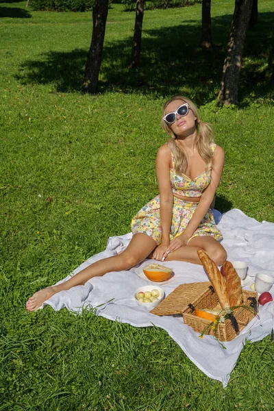 夏服の美しさブロンドの女性の屋外肖像画 緑の公園でピクニックに休んでモデル — ストック写真