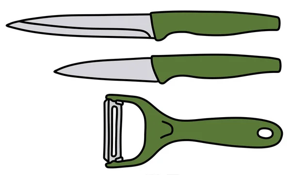 Small Kitchen Knives Set Green Plastic Hadles — Stock Vector